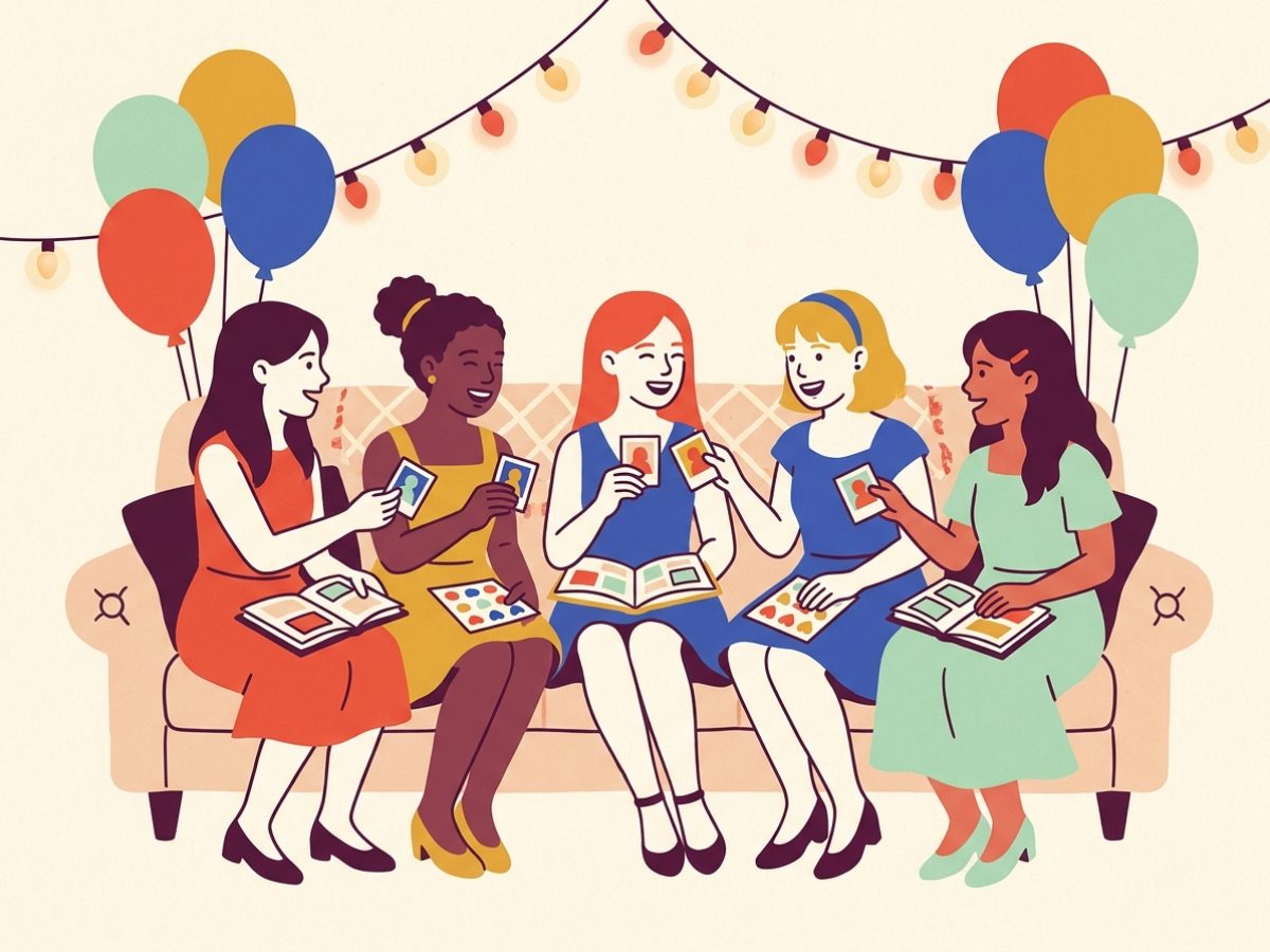 Un grupo de adolescentes en una fiesta de quince mirando figuritas y cambiándoselas entre ellas
