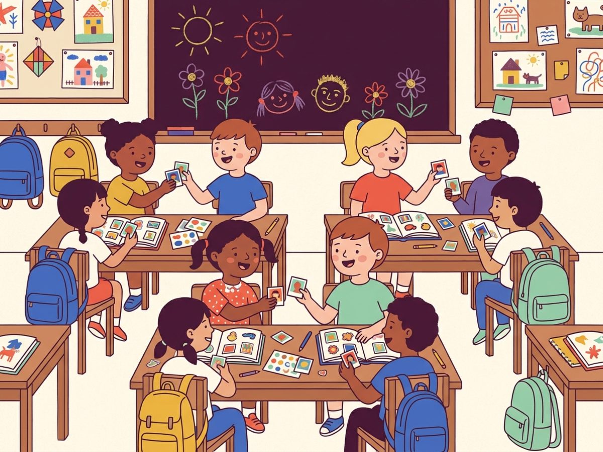 Chicos de primaria en el aula cambiando figuritas de sus compañeros sobre los bancos