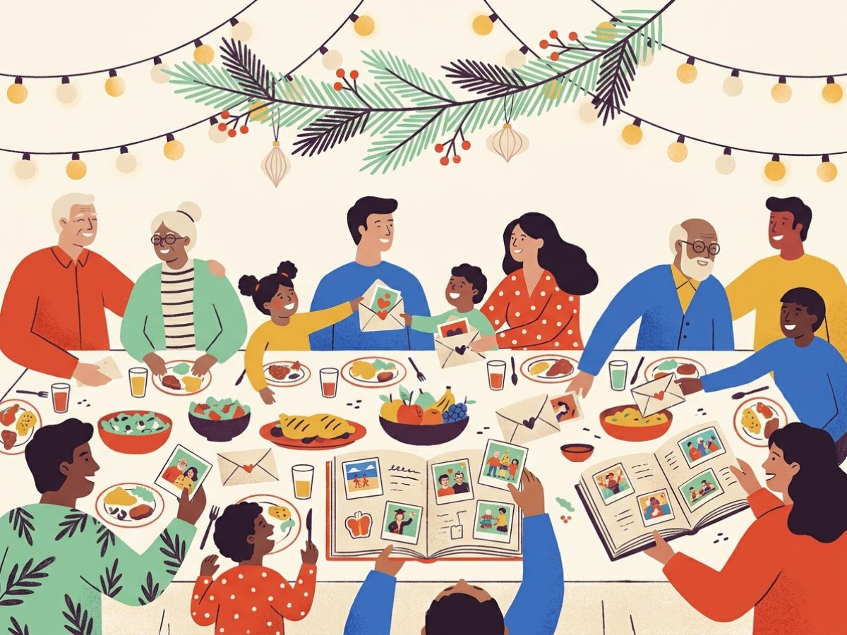 Una familia grande en una mesa larga de fiesta, con álbumes de figuritas abiertos y sobres repartidos entre los platos