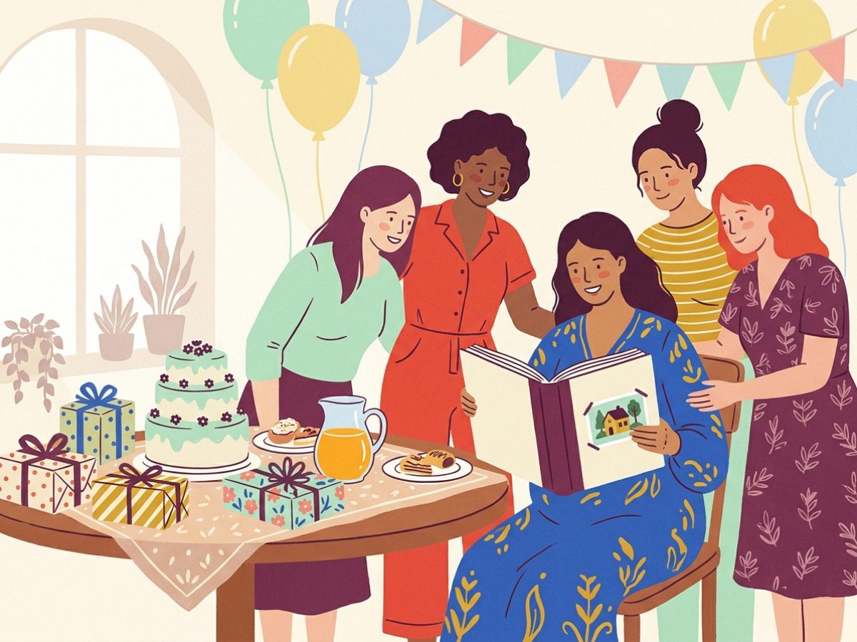 Una embarazada abriendo un álbum de figuritas vacío rodeada de amigas en un baby shower