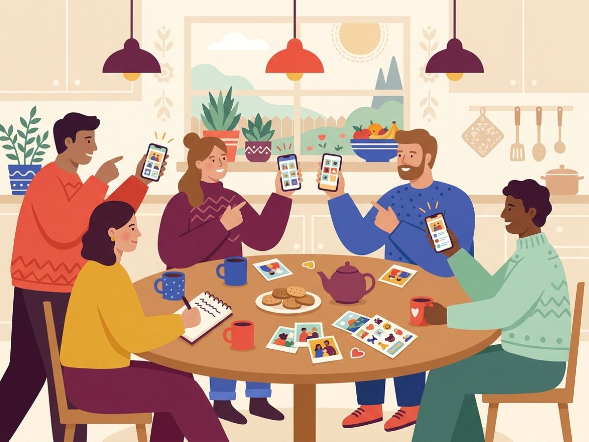 Varias personas alrededor de una mesa con el celular en la mano, eligiendo fotos para un álbum