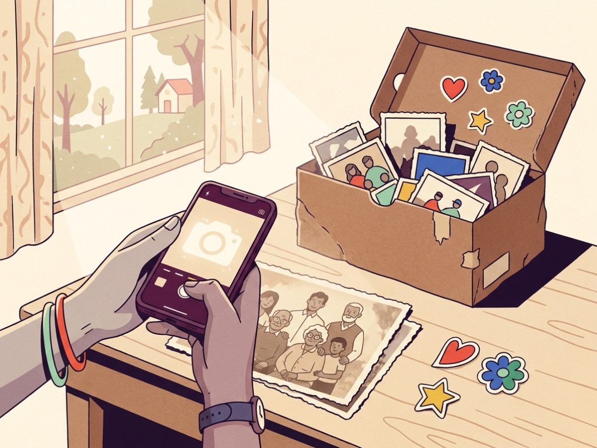 Manos fotografiando con un celular una foto vieja de papel apoyada sobre una mesa junto a una ventana
