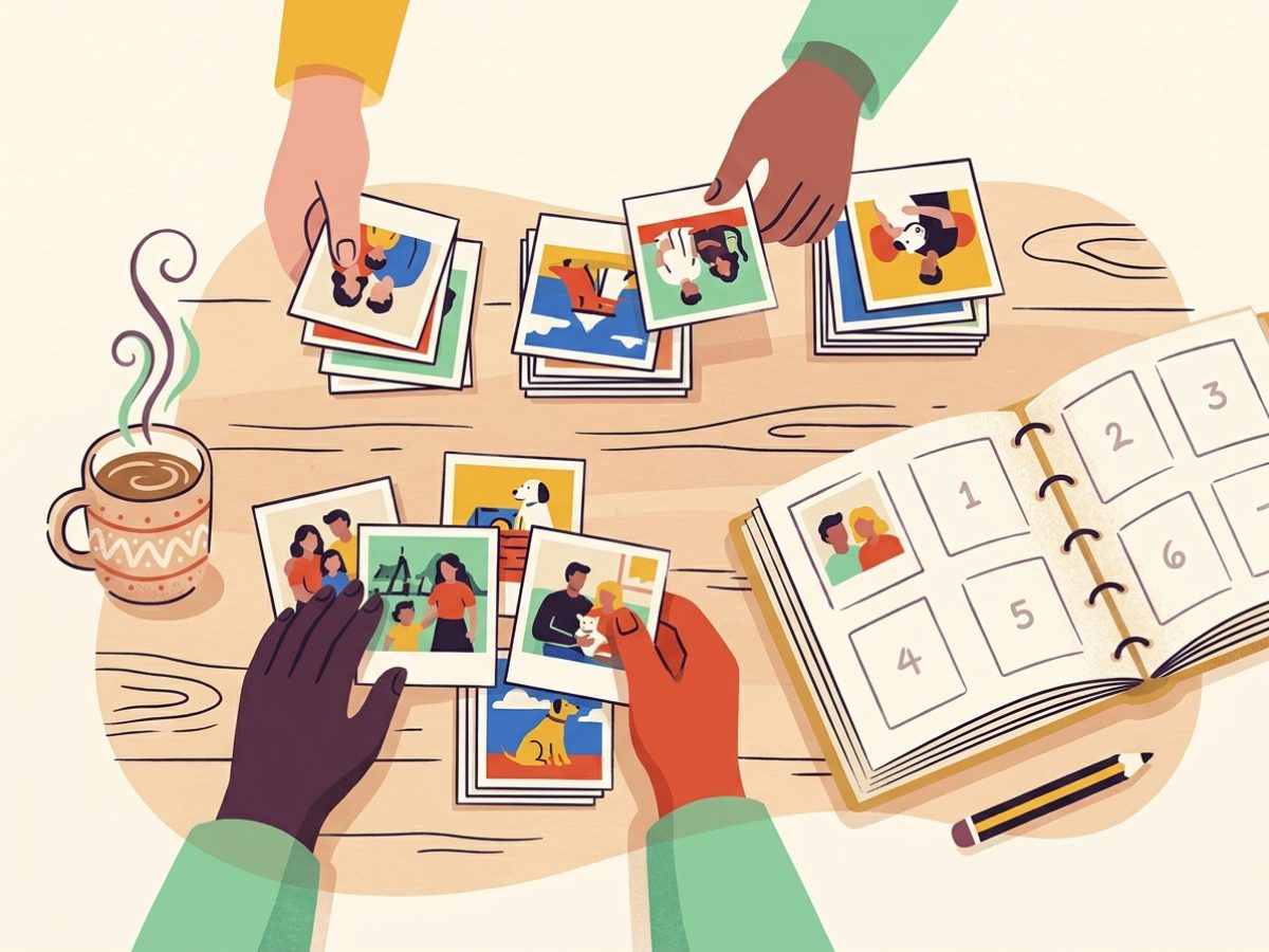 Una persona elige fotos sobre una mesa, agrupándolas en pilas, con un álbum de figuritas vacío al lado
