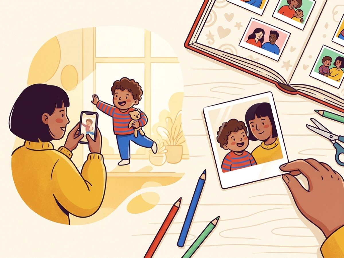 Una persona saca una foto con el celular a un niño con buena luz de ventana, y al lado se ve la misma foto convertida en figurita