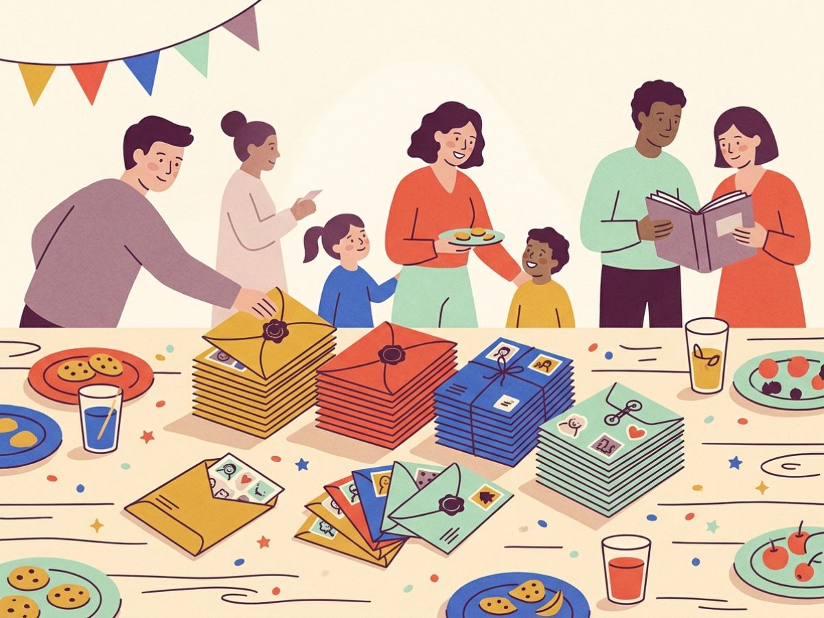 Sobres de figuritas apilados sobre una mesa de fiesta, ordenados en grupos para repartir