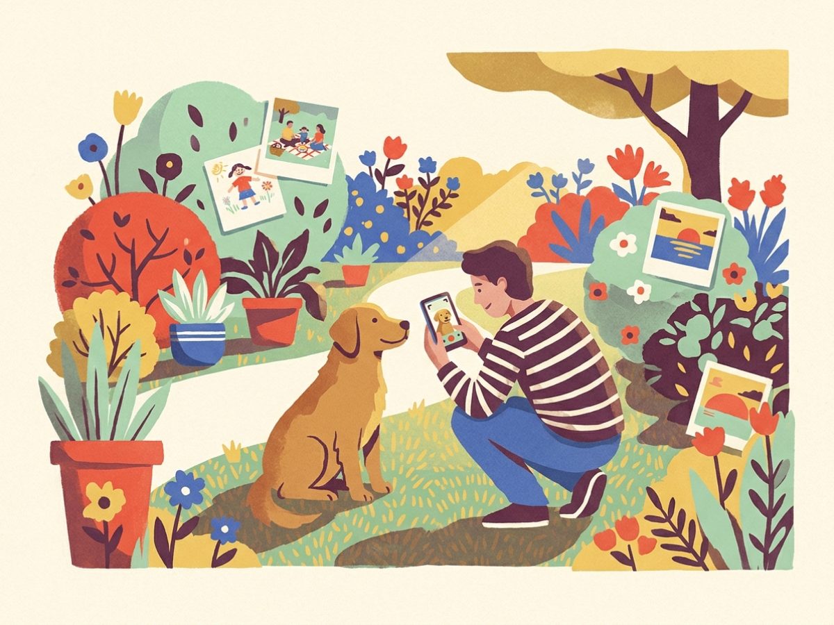 Una persona agachada sacándole una foto con el celular a un perro sentado en el pasto