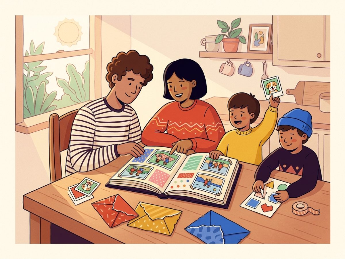 Una familia alrededor de la mesa pegando figuritas con sus propias fotos en un álbum abierto
