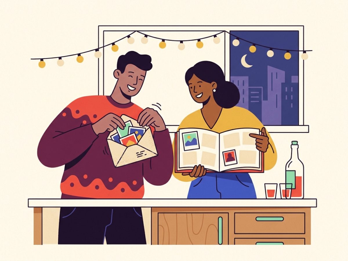 Una pareja en la cocina abriendo sobres de figuritas y pegando fotos de sus viajes en un álbum