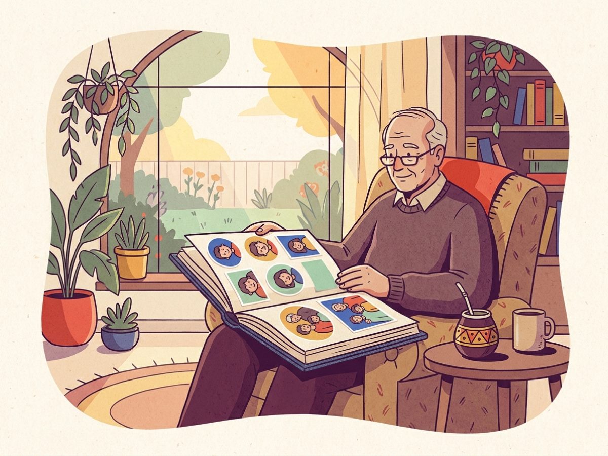 Un abuelo sentado en su sillón mirando un álbum de figuritas con las fotos de sus nietos