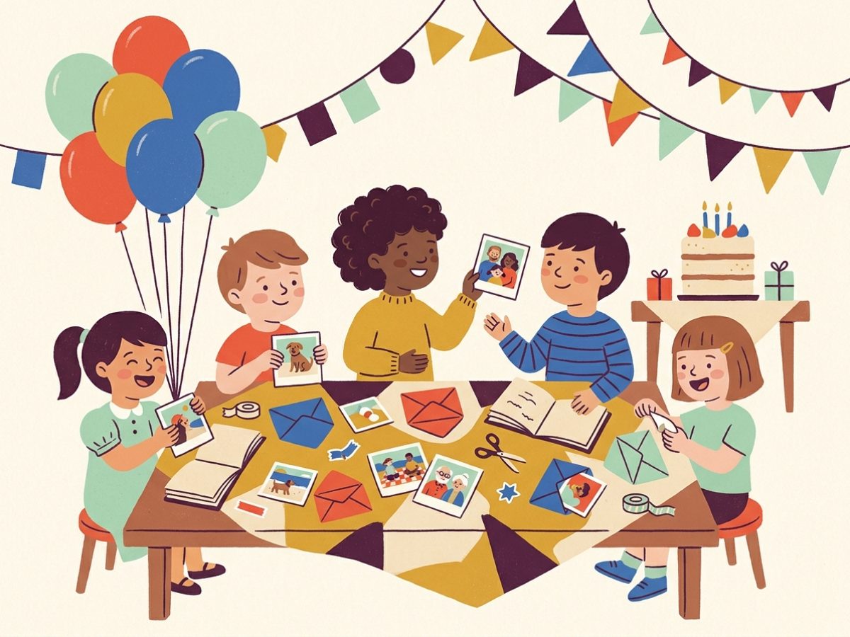Chicos en una fiesta de cumpleaños abriendo sobres de figuritas alrededor de una mesa con globos