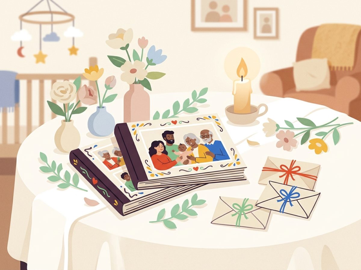 Una mesa de bautismo con álbumes de figuritas y sobres apoyados sobre un mantel claro, con flores y velas