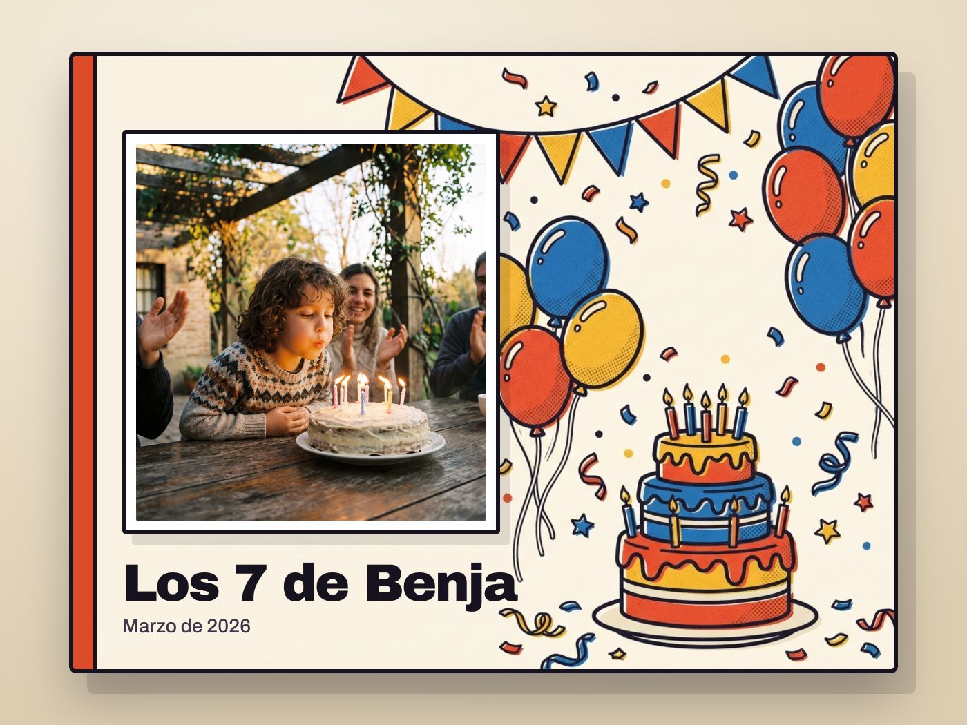 La tapa de un álbum de SuperFigus personalizado, con la foto y el nombre del cumpleañero
