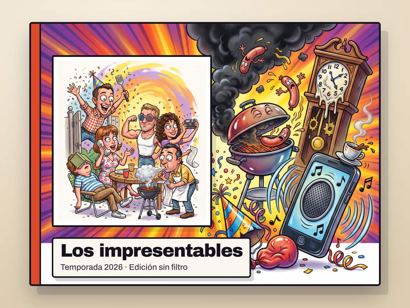 La tapa del álbum «Los impresentables», con el grupo de amigos dibujado en caricatura en el recuadro de la foto