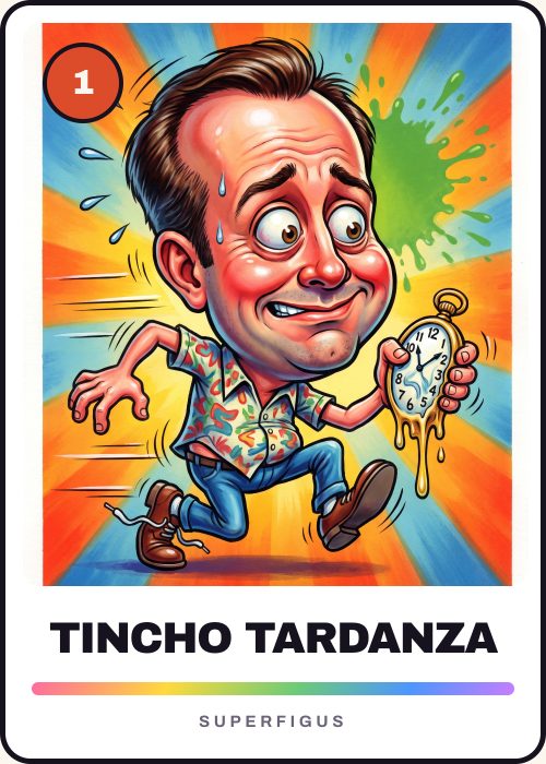 Figurita número 1 de la caricatura de un amigo que siempre llega tarde, corriendo con un reloj derretido en la mano