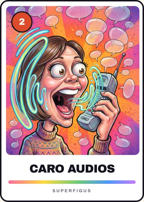 Figurita número 2 de la caricatura de una amiga que manda audios eternos, hablándole al teléfono entre ondas de sonido gigantes