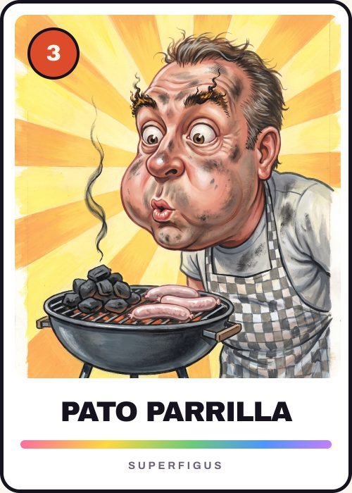 Figurita número 3 de la caricatura de un amigo asador tiznado de hollín, soplando una parrilla que no prende