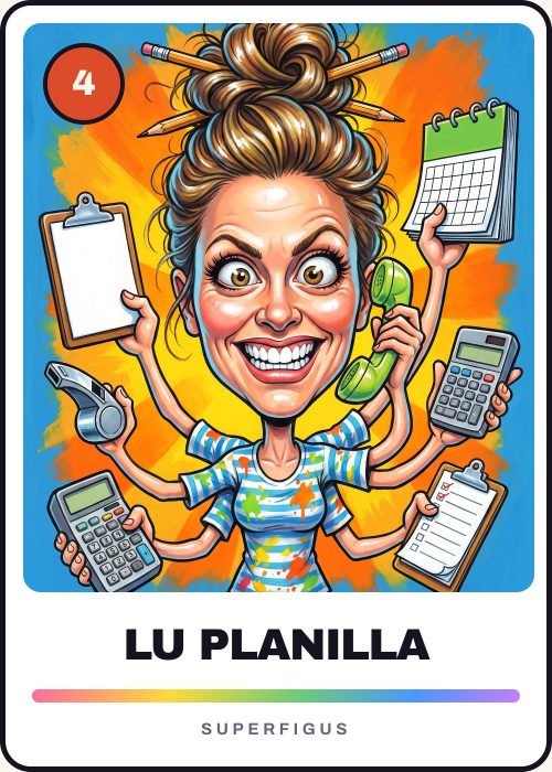 Figurita número 4 de la caricatura de la amiga que organiza todo, con seis brazos cargados de listas, calendarios y un silbato