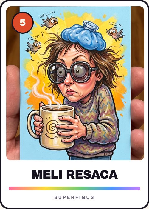 Figurita número 5 de la caricatura de una amiga con resaca, con una bolsa de hielo en la cabeza y anteojos de sol