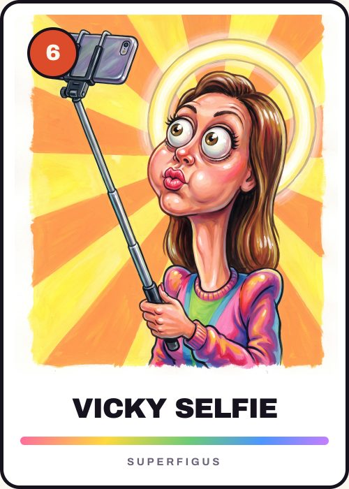 Figurita número 6 de la caricatura de una amiga sacándose una selfie con el cuello estiradísimo