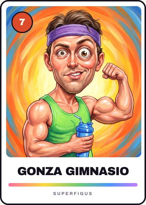 Figurita número 7 de la caricatura de un amigo del gimnasio con brazos gigantes, sacando músculo con un batido en la mano