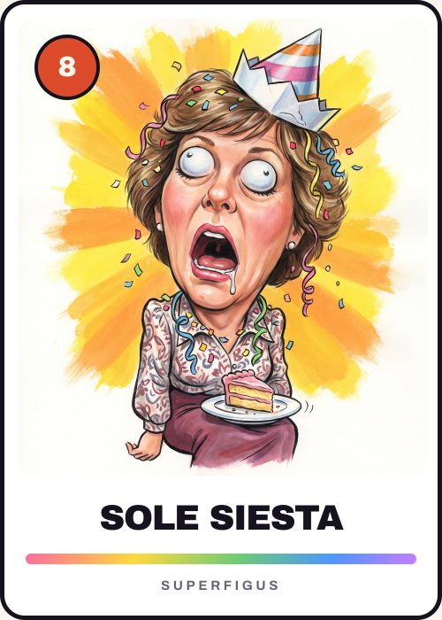 Figurita número 8 de la caricatura de una amiga dormida sentada en plena fiesta, con un gorrito de cumpleaños