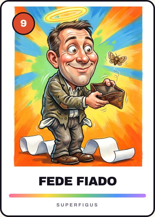 Figurita número 9 de la caricatura de un amigo que nunca paga, con los bolsillos dados vuelta y una polilla saliendo de la billetera