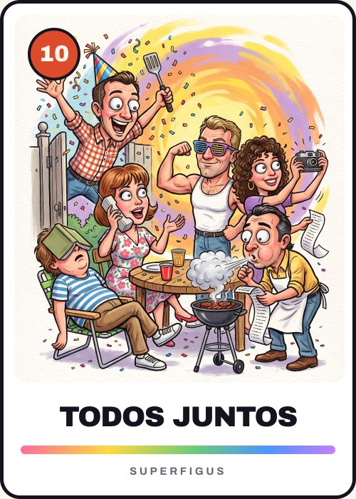 Figurita número 10 de la caricatura de todo el grupo de amigos amontonado alrededor de la mesa del asado