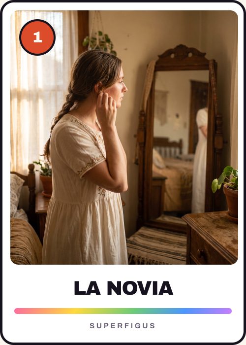 Figurita número 1 de una novia terminando de arreglarse frente al espejo