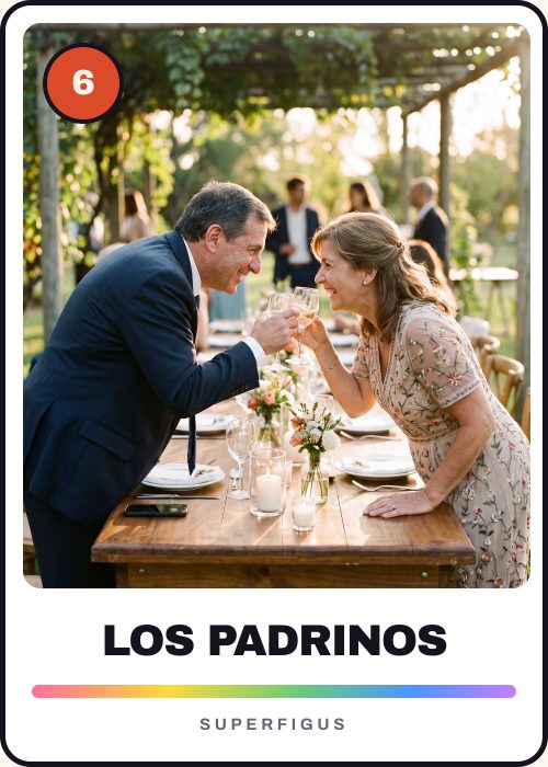 Figurita número 6 de los padrinos brindando con copas en alto