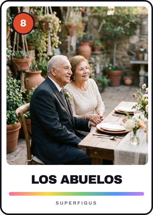 Figurita número 8 de una pareja de abuelos sentados de la mano en la fiesta