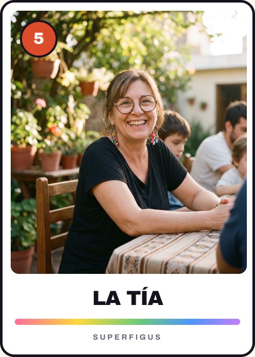 Figurita número 5 de una tía con anteojos y aros grandes