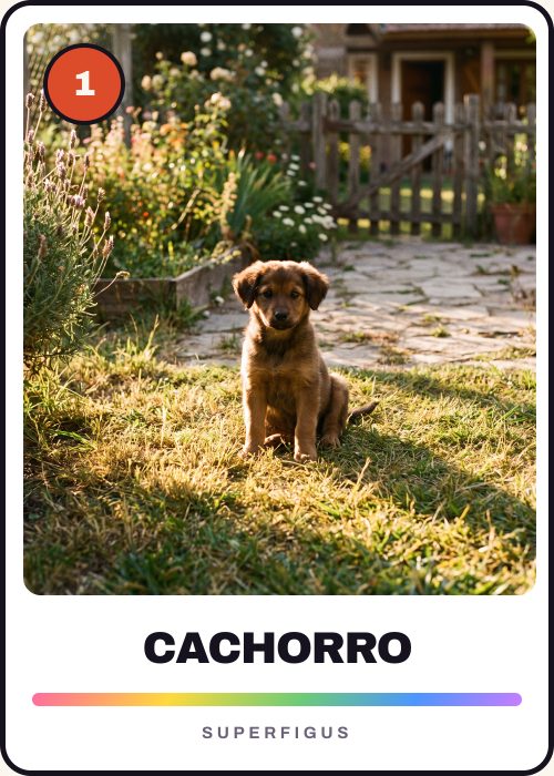 Figurita número 1 de un cachorro sentado en el pasto mirando a cámara