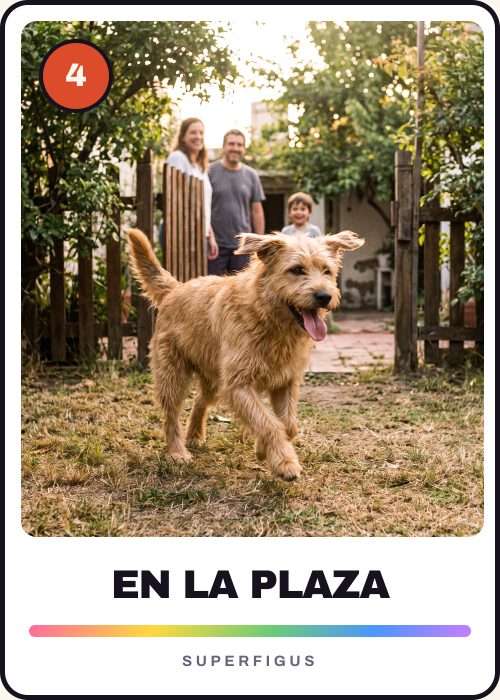 Figurita número 4 de un perro corriendo en el pasto con la lengua afuera