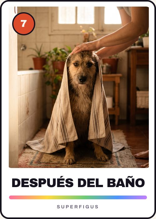 Figurita número 7 de un perro mojado envuelto en una toalla