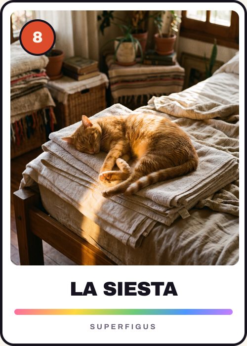 Figurita número 8 de un gato dormido encima de una pila de ropa