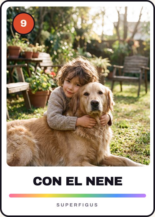 Figurita número 9 de un chico abrazado a su perro en el pasto